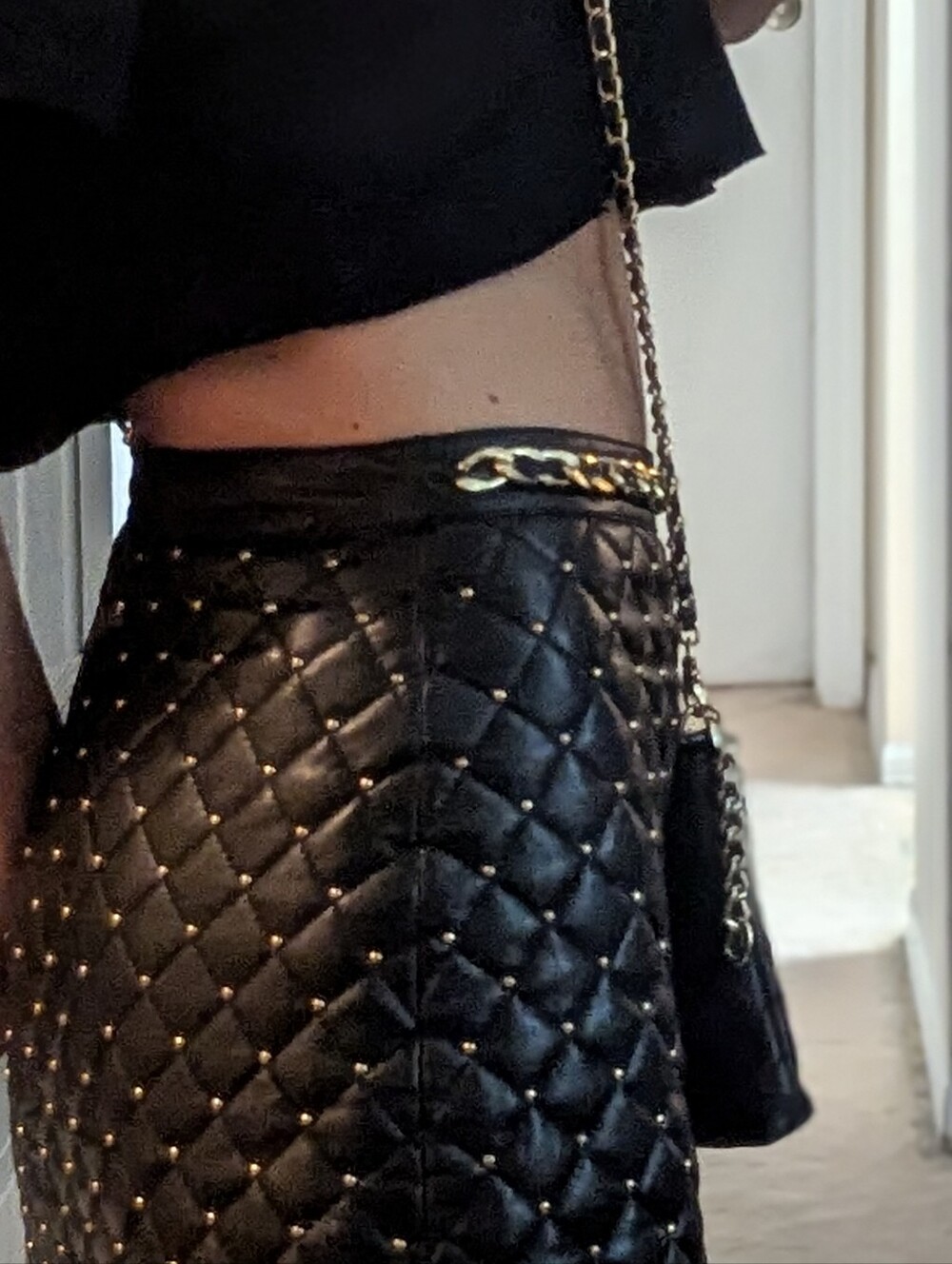 Alice + Olivia Black Quilted Vegan Leather A-Line Mini Skirt with Gold Chain - Picture 8 of 13